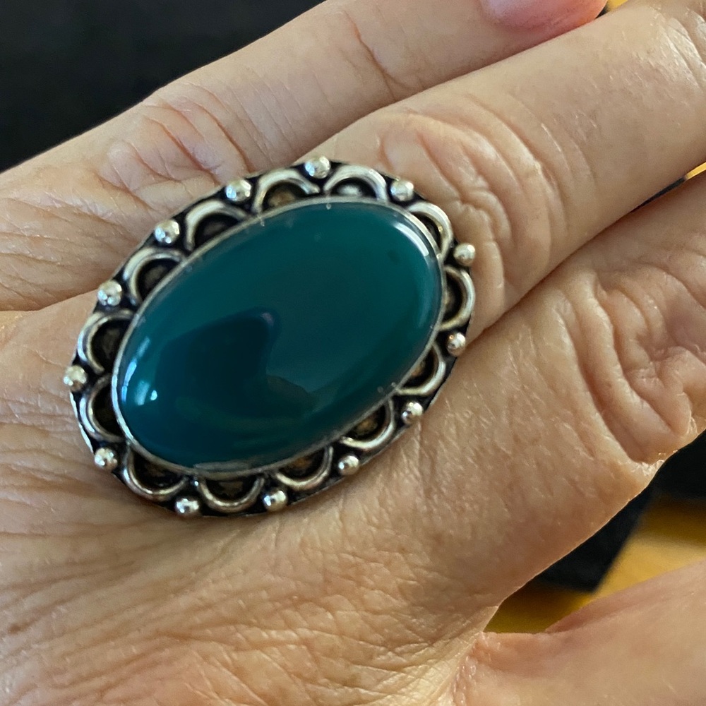 Sterling Silver Green Onyx Large Oval Statement Ring 925 (size 8.25)